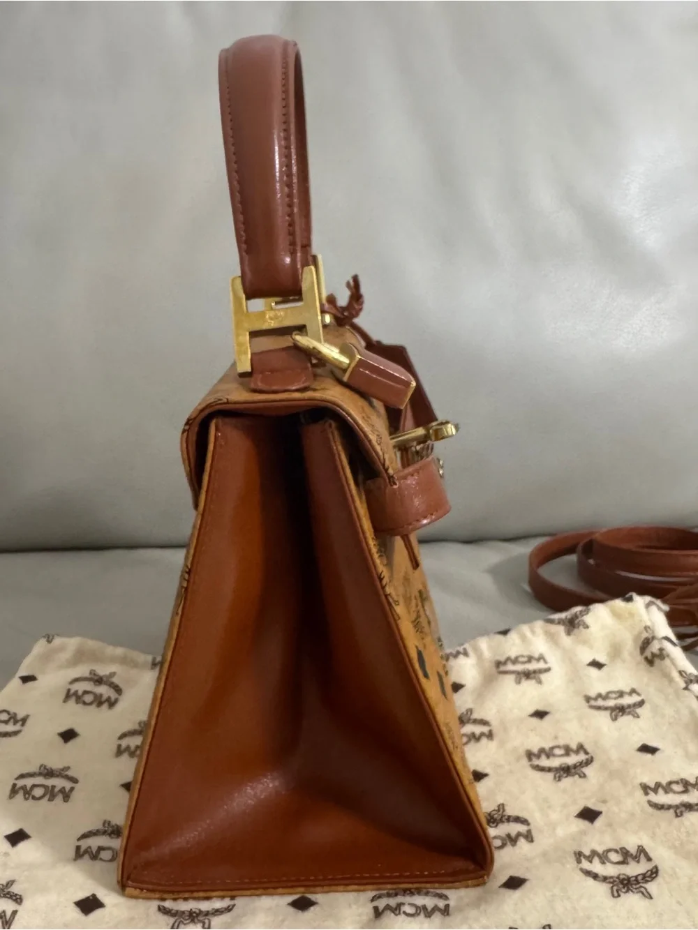MCM Brown Kelly Cognac Visetos Top Handle Satchel with Gold Hardware